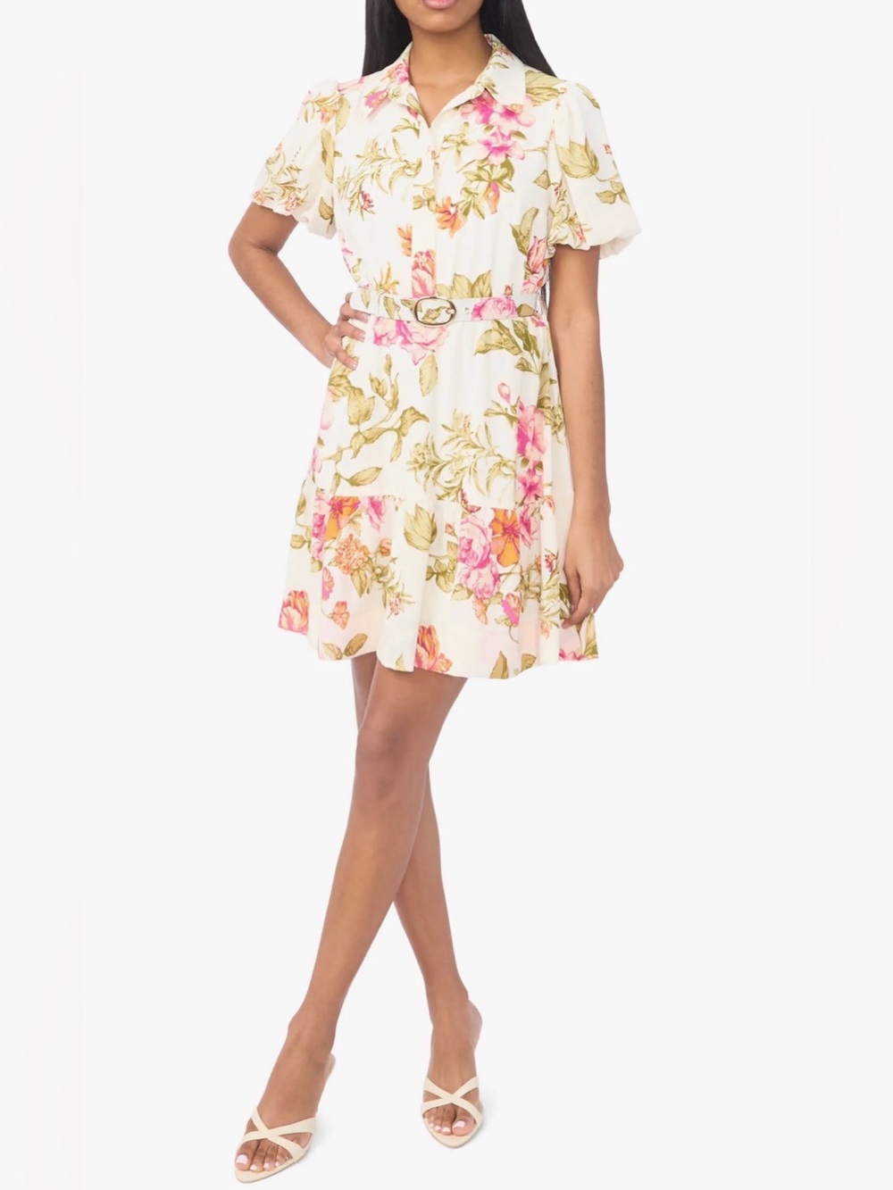 CeCe Floral Belted Short Dress in White and Pink